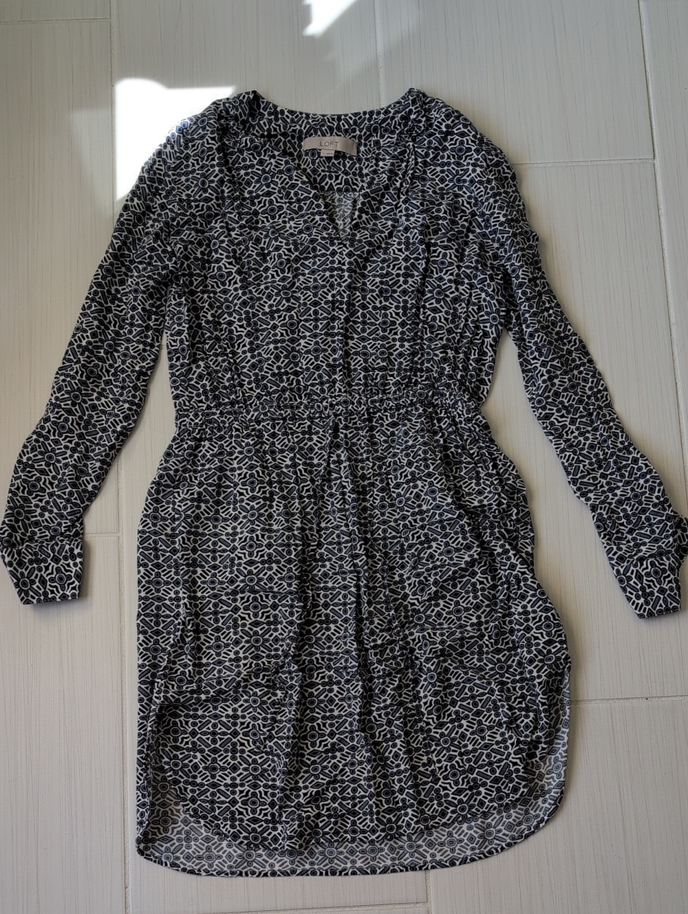 LOFT Blue, Black and White Geometric Long Sleeve Dress